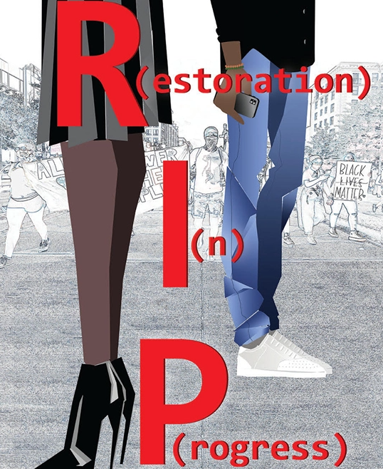 R(estoration) I(n) P(rogress) poster two figures legs on city block